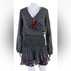 BELL by Alicia floral tassel drop silk cotton navy floral smocked waist dress M